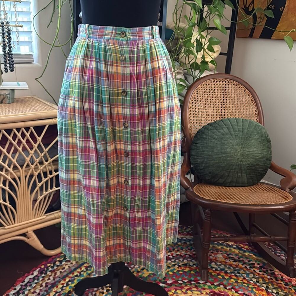 Vintage 80s/90s Susan Bristol Petites Preppy Madras Plaid Button Down Skirt